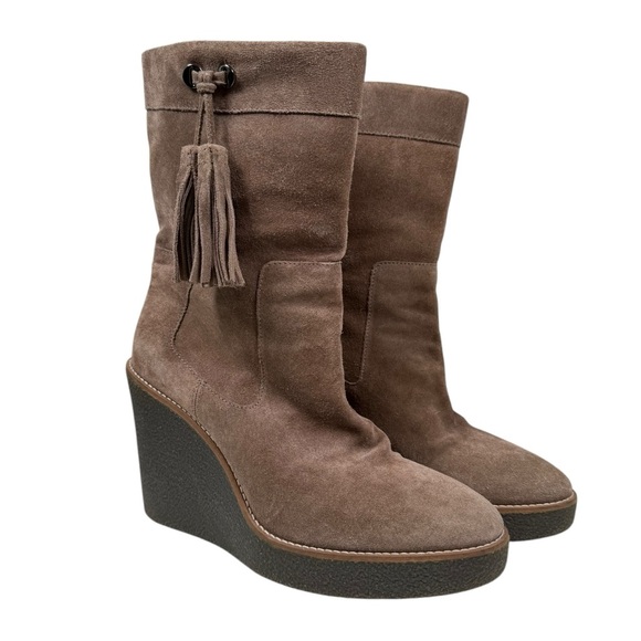 Aquatalia Size 8 Viola Weatherproof Suede Wedge Tassel Pull On Boots in Taupe - Picture 7 of 7